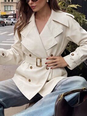 Apricot Elegant Women's Pocket Drop Shoulder Double Breasted Lapel Trench Coat